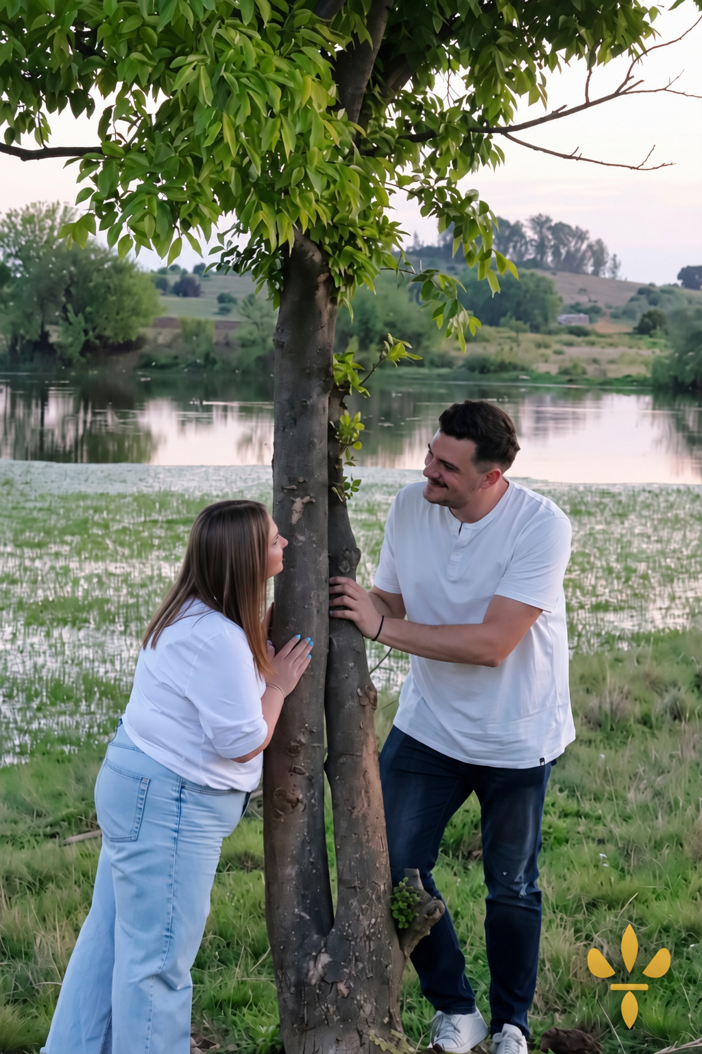 Couple posing beneath a tree beside the water at Provence